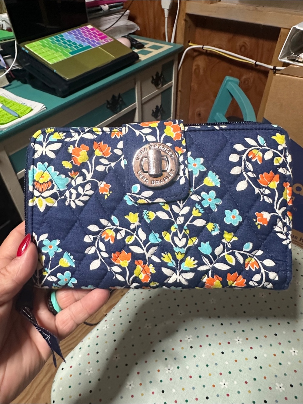 Vera Bradley Navy Quilted Floral Turn-Lock Wallet